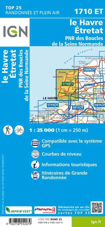 Carte TOP 25 n° 1710 ET- Le Havre, Étretat & PNR des Boucles de la Seine Normande | IGN carte pliée IGN 