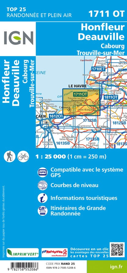 Carte TOP 25 n° 1711 OT - Honfleur, Deauville, Cabourg, Trouville-sur-Mer | IGN carte de randonnée IGN