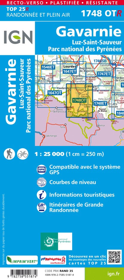 Carte TOP 25 n° 1748 OTR (résistante) - Gavarnie & Luz St Sauveur (Pyrénées) | IGN carte de randonnée IGN