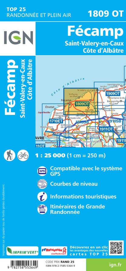 Carte TOP 25 n° 1809 OT - Fécamp, St-Valery-en-Caux & Côte d'Albâtre | IGN carte de randonnée IGN