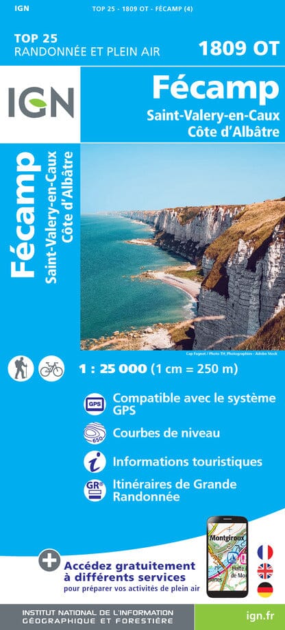 Carte TOP 25 n° 1809 OT - Fécamp, St-Valery-en-Caux & Côte d'Albâtre | IGN carte pliée IGN 