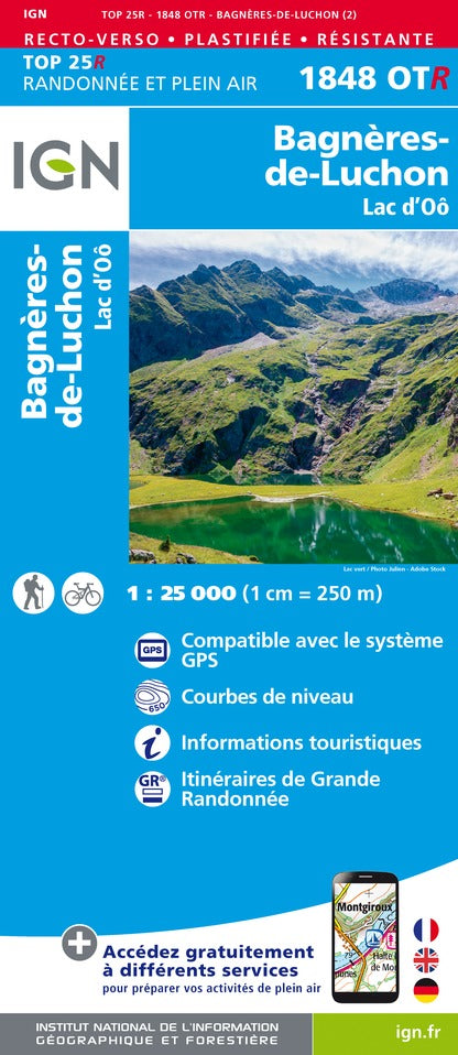 Carte TOP 25 n° 1848 OTR (résistante) - Bagnères-de-Luchon & Lac d'Oô (Pyrénées) | IGN carte pliée IGN 