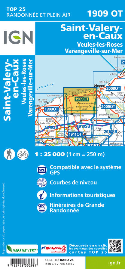 Carte TOP 25 n° 1909 OT - St-Valery-en-Caux, Veules-les-Roses, Varengeville-sur-Mer | IGN carte de randonnée IGN