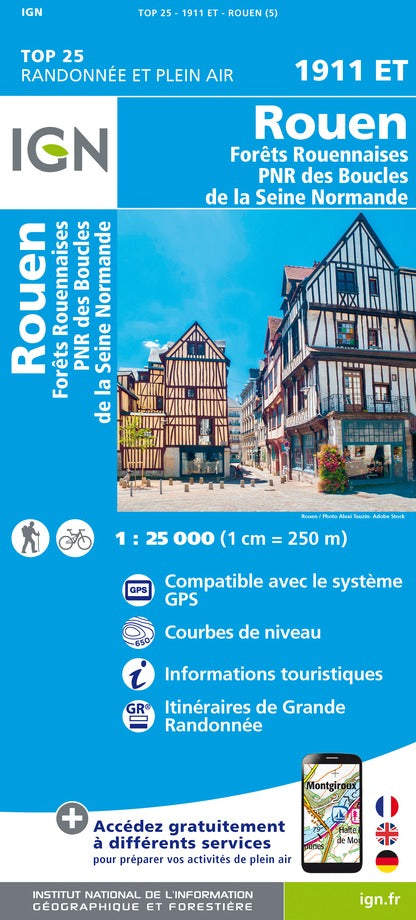 Carte TOP 25 n° 1911 ET - Rouen, Forêts Rouennaises & PNR des Boucles de la Seine Normande | IGN carte pliée IGN 