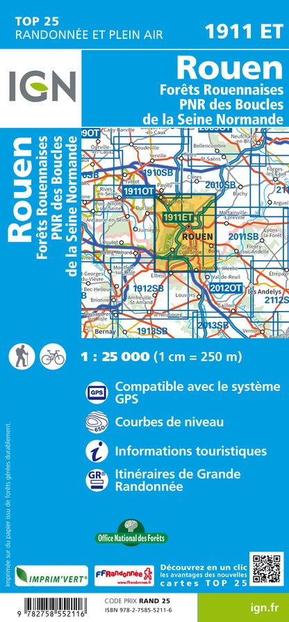 Carte TOP 25 n° 1911 ET - Rouen, Forêts Rouennaises & PNR des Boucles de la Seine Normande | IGN carte de randonnée IGN