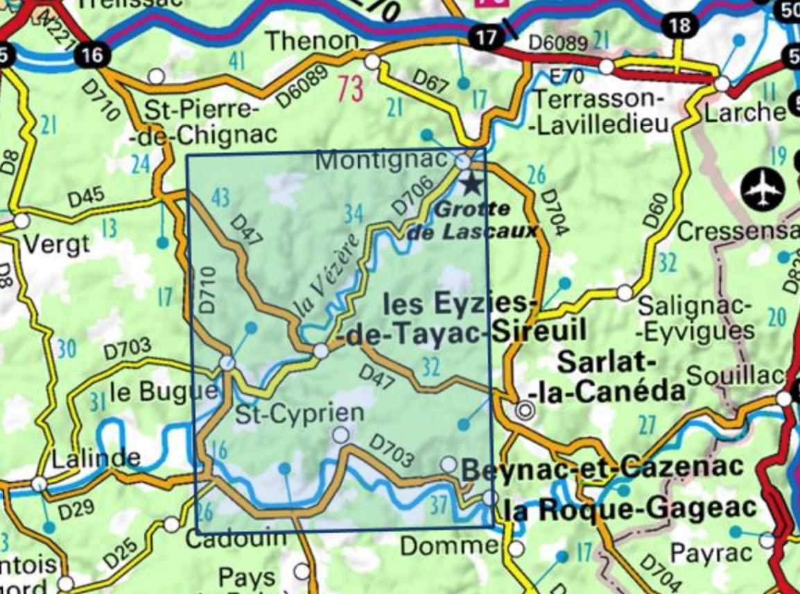 Carte TOP 25 n° 1936 ET - Les Eyzies, Vallées de la Dordogne , vallée de la Vézère | IGN carte de randonnée IGN