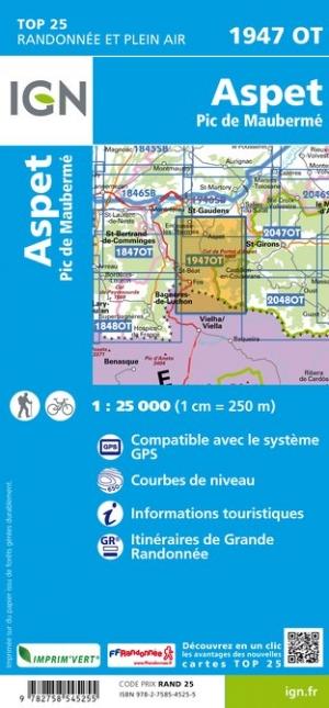 Carte TOP 25 n° 1947 OT - Aspet & Pic de Maubermé (Pyrénées) | IGN carte de randonnée IGN
