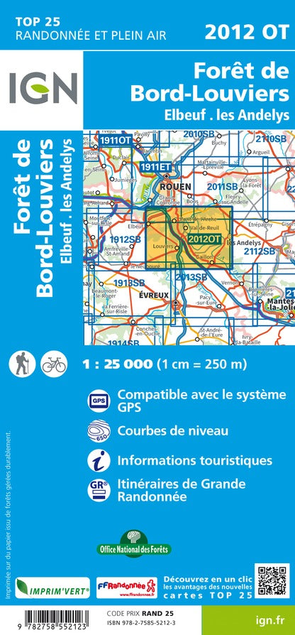Carte TOP 25 n° 2012 OT - Forêt de Bord Louviers, Elbeuf, Les Andelys | IGN carte de randonnée IGN