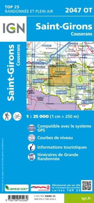 Carte TOP 25 n° 2047 OT - St Girons & Couserans (Pyrénées) | IGN carte pliée IGN 