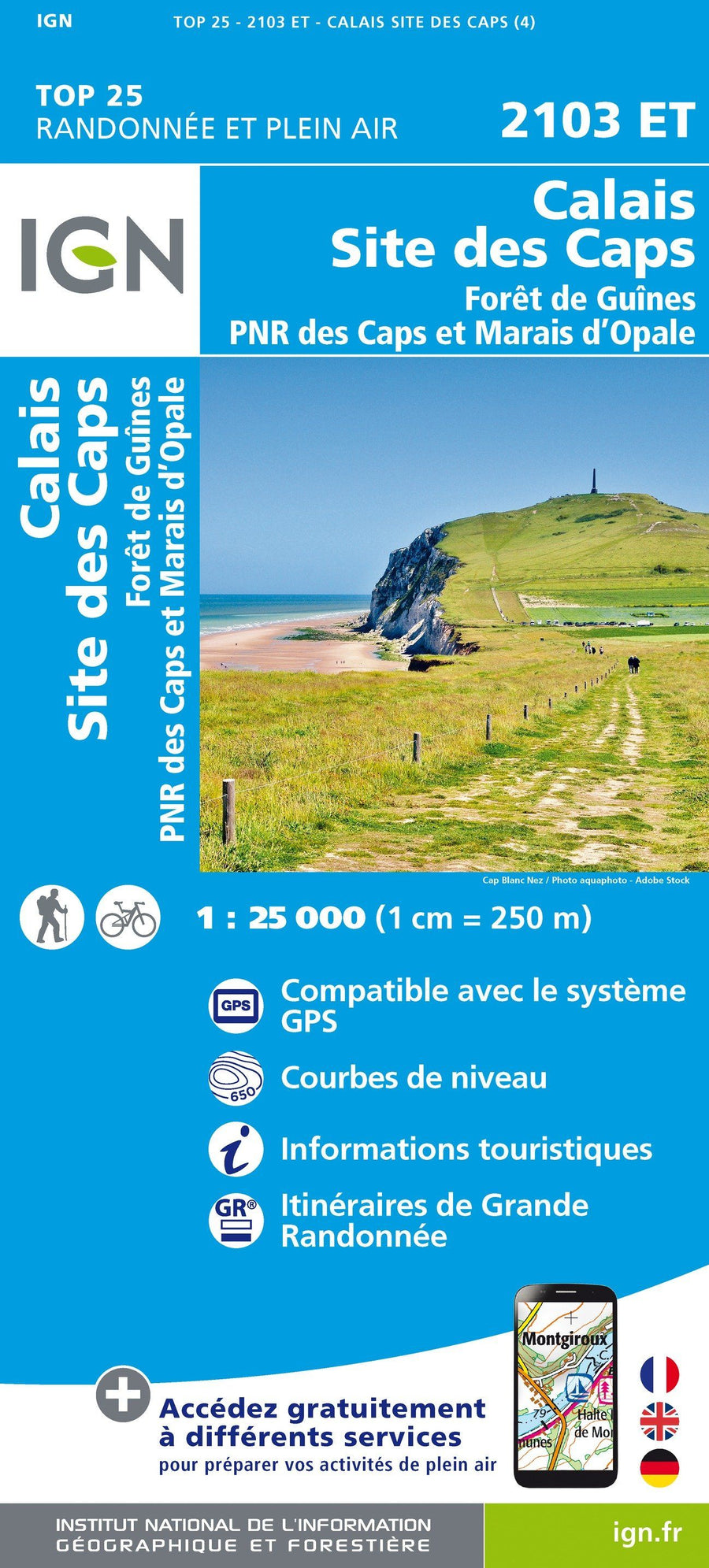 Carte TOP 25 n° 2103 ET - Calais, Site des Caps, Forêt de Guînes, PNR des Caps et Marais d'Opale | IGN carte pliée IGN 