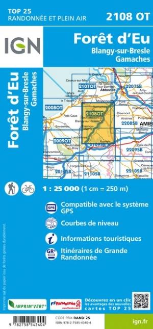 Carte TOP 25 n° 2108 OT - Forêt d'Eu, Blangy-sur-Bresle, Gamaches | IGN carte de randonnée IGN