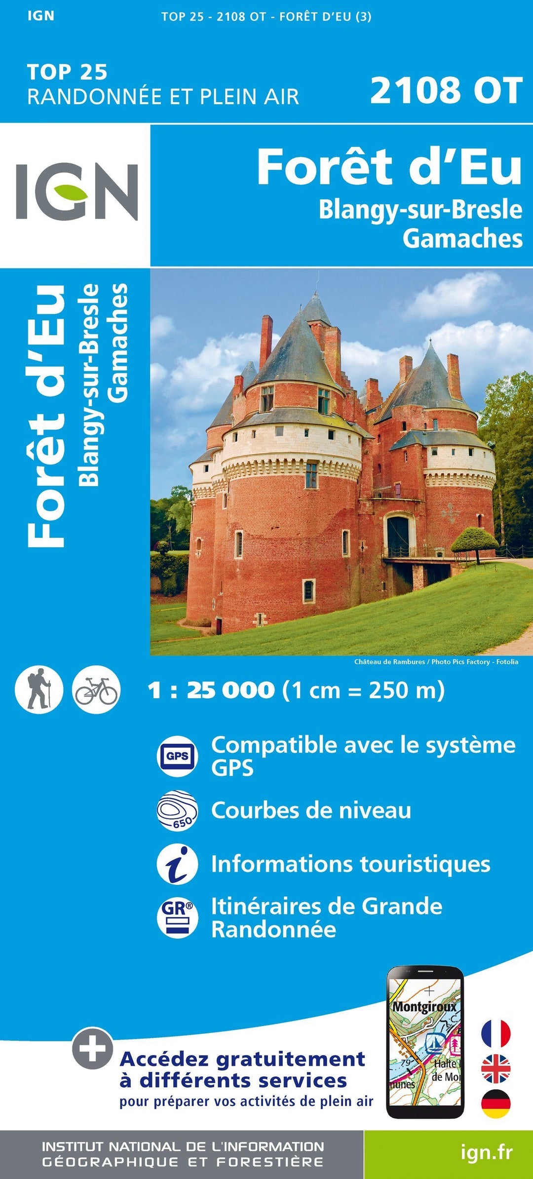 Carte TOP 25 n° 2108 OT - Forêt d'Eu, Blangy-sur-Bresle, Gamaches | IGN carte pliée IGN 