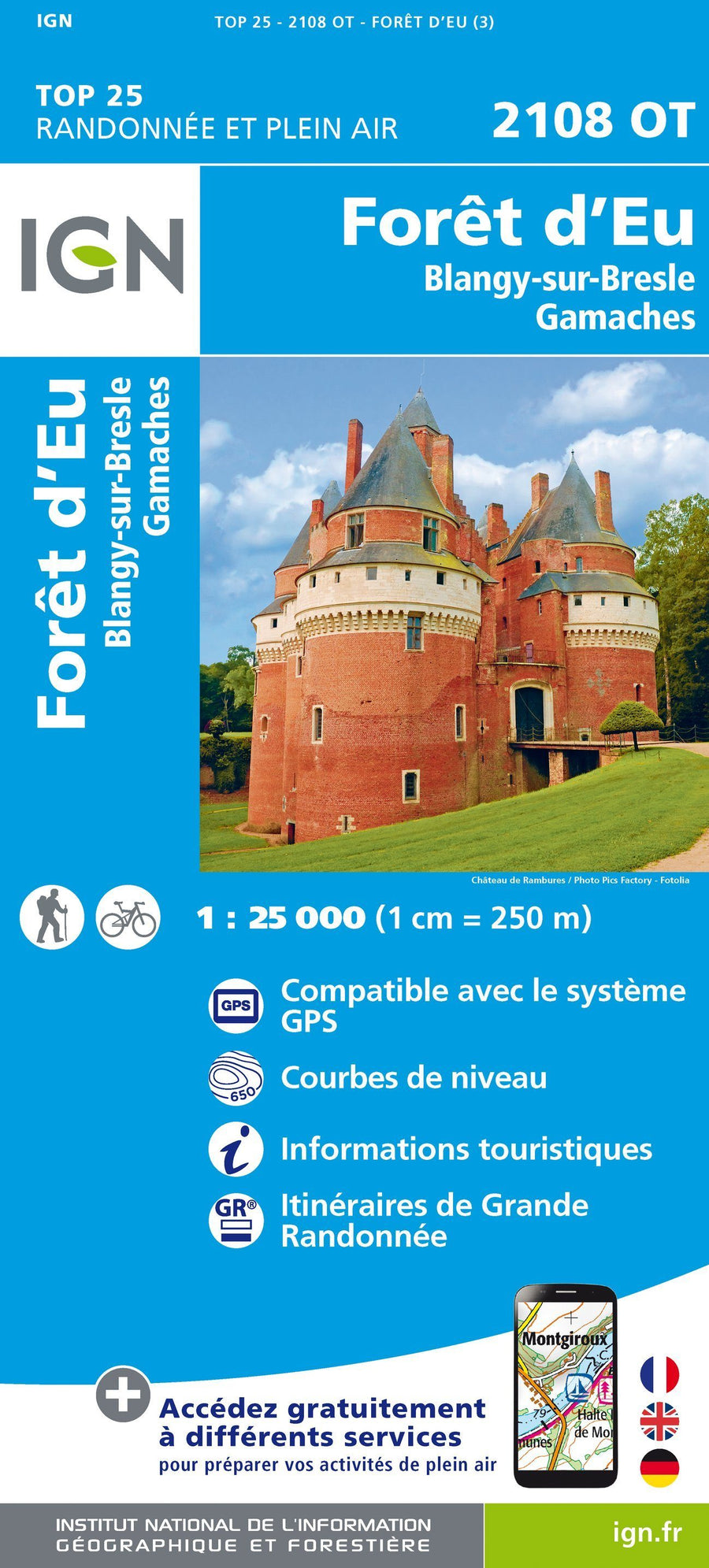 Carte TOP 25 n° 2108 OT - Forêt d'Eu, Blangy-sur-Bresle, Gamaches | IGN carte pliée IGN 