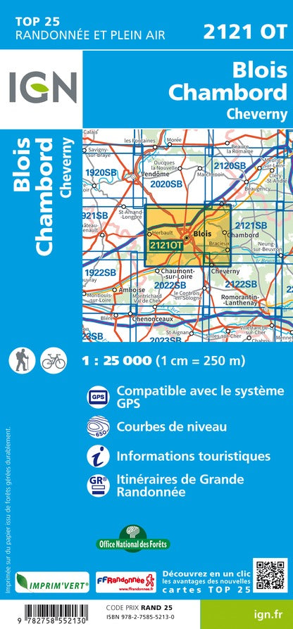 Carte TOP 25 n° 2121 OT - Blois, Chambord, Cheverny | IGN carte de randonnée IGN