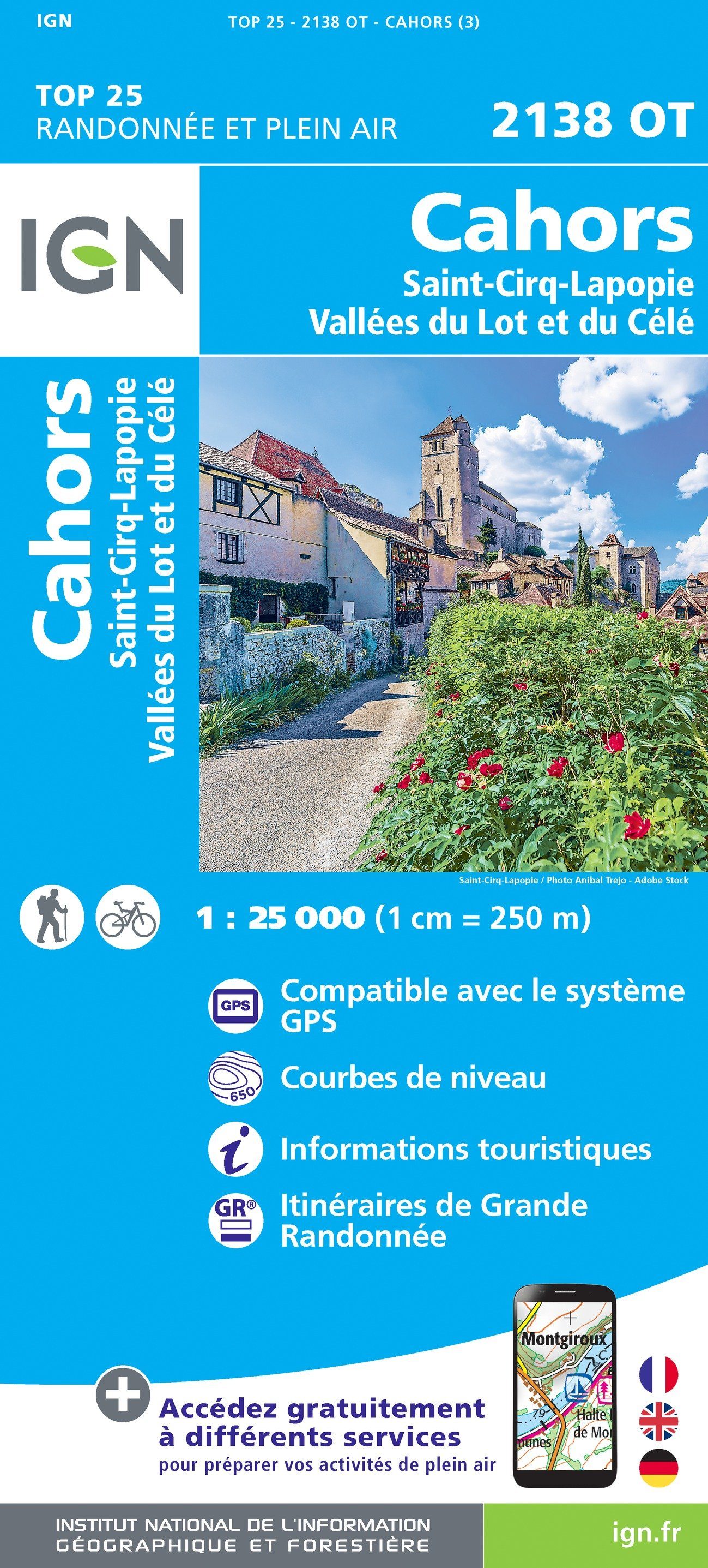 Carte TOP 25 n° 2138 OT - Cahors, St-Cirq-Lapopie, Vallée du Lot et du Célé | IGN carte de randonnée IGN