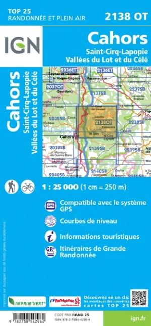 Carte TOP 25 n° 2138 OT - Cahors, St-Cirq-Lapopie, Vallée du Lot et du Célé | IGN carte de randonnée IGN