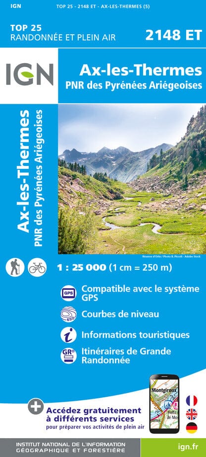 Carte TOP 25 n° 2148 ET - Ax-les-Thermes (PNR des Pyrénées Ariégeoises) | IGN carte de randonnée IGN