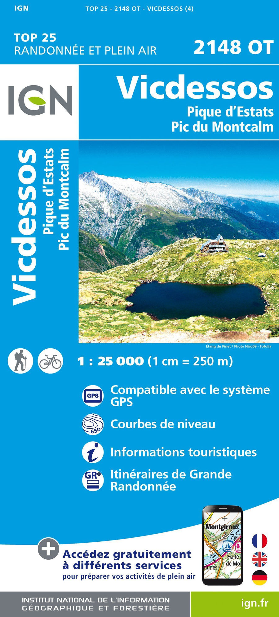 Carte TOP 25 n° 2148 OT - Vicdessos, Pique d'Estats & Pic du Montcalm (Pyrénées) | IGN carte pliée IGN 
