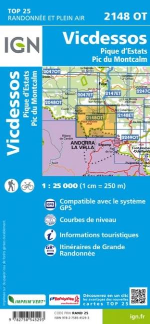 Carte TOP 25 n° 2148 OT - Vicdessos, Pique d'Estats & Pic du Montcalm (Pyrénées) | IGN carte pliée IGN 