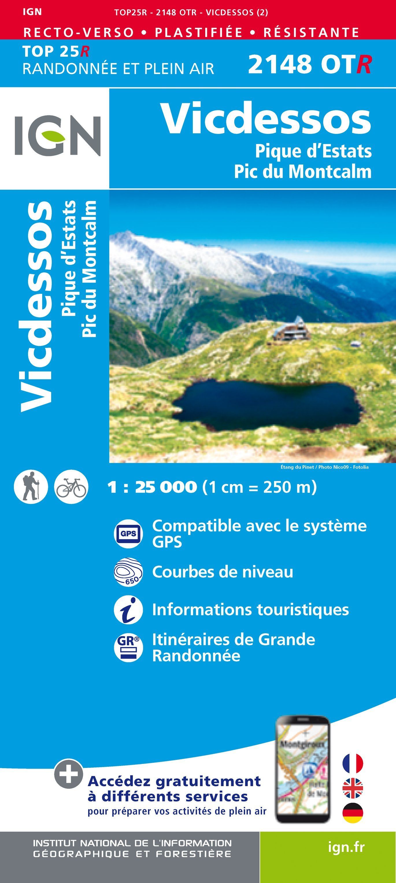 Carte TOP 25 n° 2148 OTR (résistante) - Vicdessos, Pique d'Estats & Pic du Montcalm (Pyrénées) | IGN carte de randonnée IGN