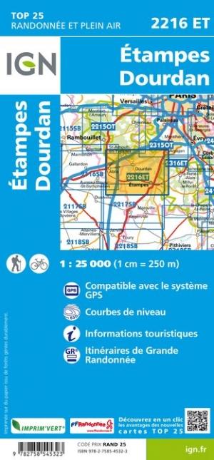 Carte TOP 25 n° 2216 ET - Etampes, Dourdan | IGN carte de randonnée IGN