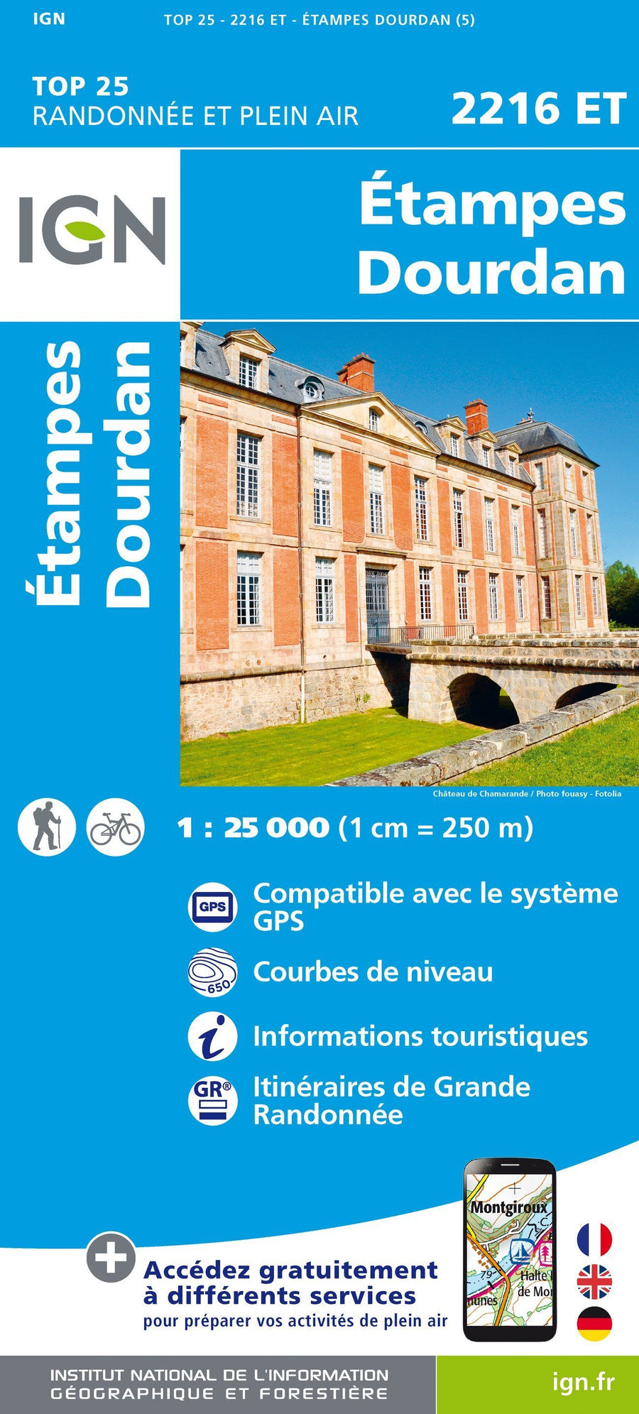 Carte TOP 25 n° 2216 ET - Etampes, Dourdan | IGN carte pliée IGN 