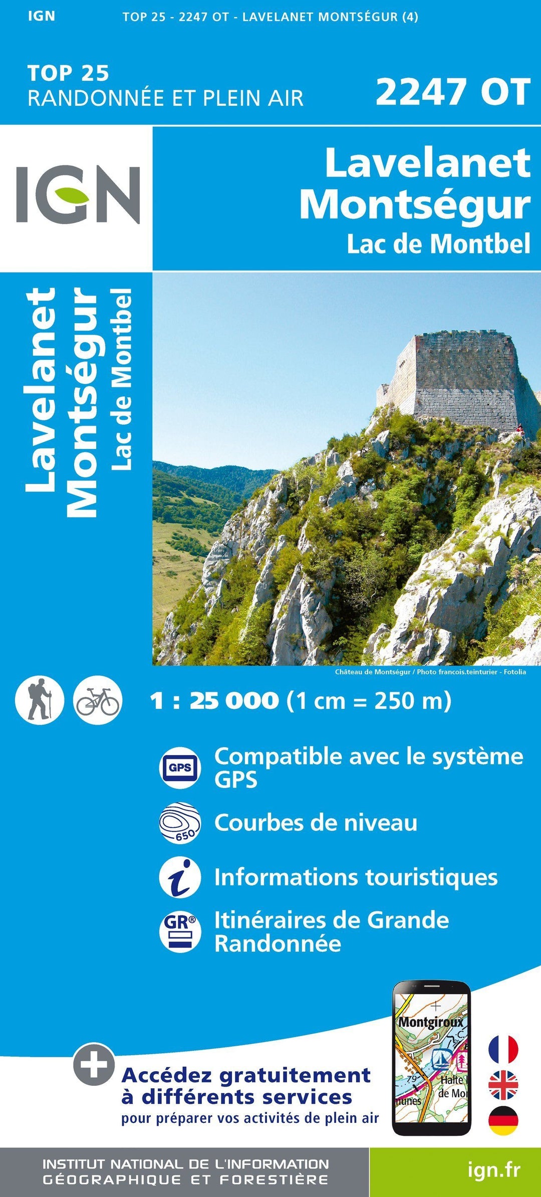 Carte TOP 25 n° 2247 OT - Lavelanet, Montségur & lac de Montbel (Pyrénées) | IGN carte pliée IGN 