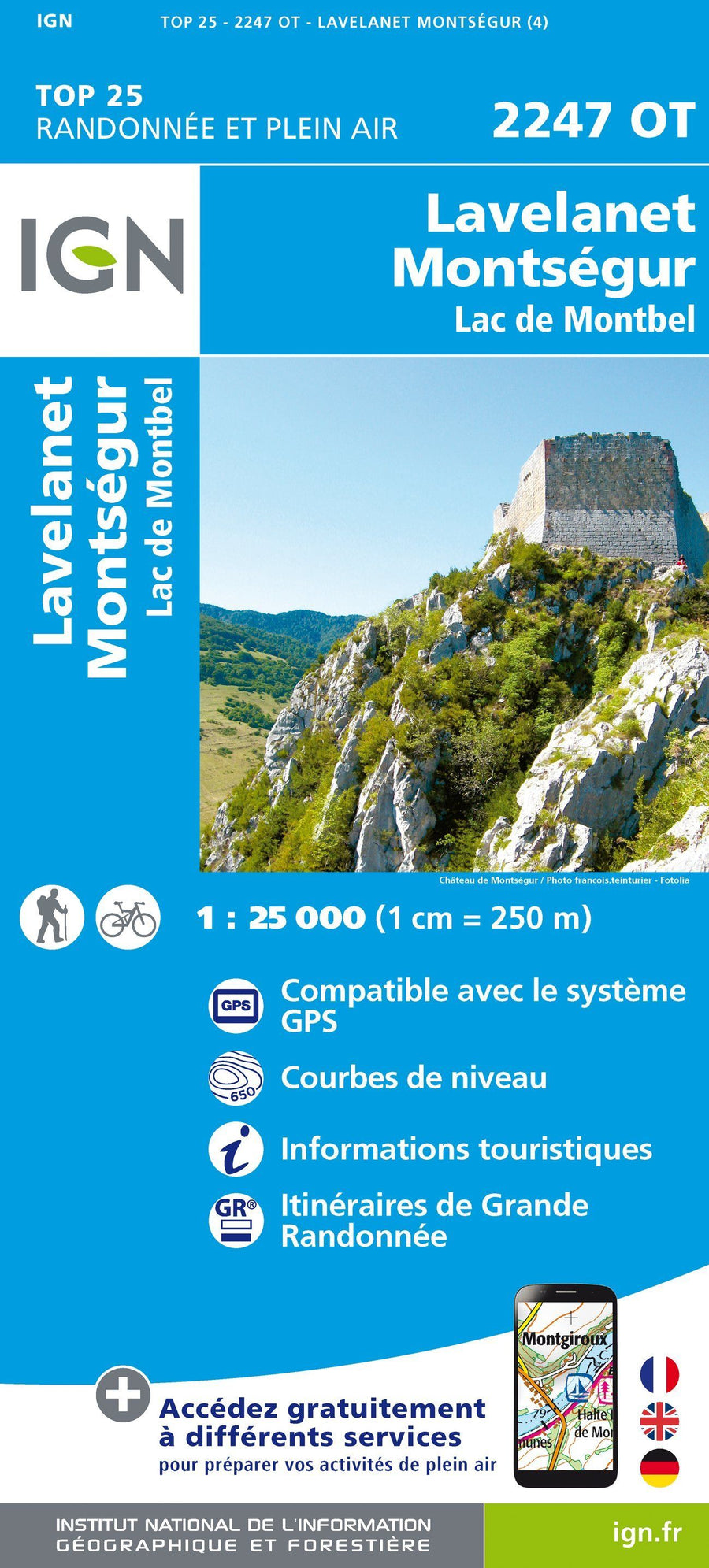 Carte TOP 25 n° 2247 OT - Lavelanet, Montségur & lac de Montbel (Pyrénées) | IGN carte pliée IGN 