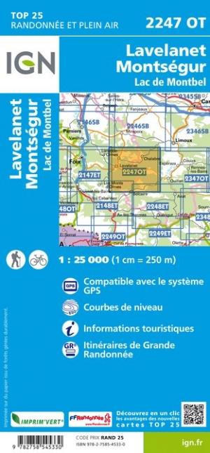 Carte TOP 25 n° 2247 OT - Lavelanet, Montségur & lac de Montbel (Pyrénées) | IGN carte pliée IGN 