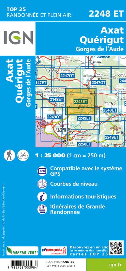 Carte TOP 25 n° 2248 ET - Axat, Quérigut & Gorges de l'Aude (Pyrénées) | IGN carte pliée IGN 