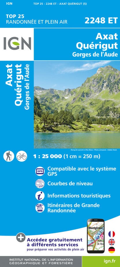 Carte TOP 25 n° 2248 ET - Axat, Quérigut & Gorges de l'Aude (Pyrénées) | IGN carte pliée IGN 