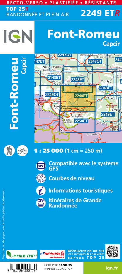 Carte TOP 25 n° 2249 ETR (résistante) - Font-Romeu, Capcir (Pyrénées) | IGN carte pliée IGN 