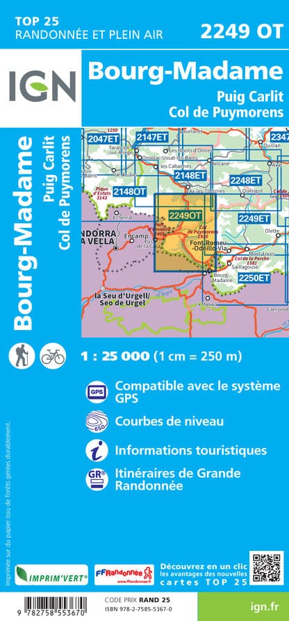 Carte TOP 25 n° 2249 OT - Bourg-Madame, Col de Puymorens & Pic Carlit (Pyrénées) | IGN carte pliée IGN 