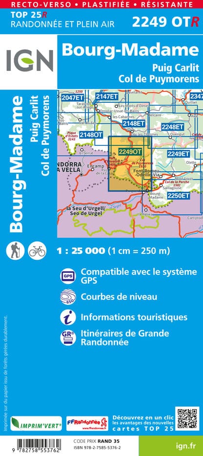 Carte TOP 25 n° 2249 OTR (résistante) - Bourg Madame, Col de Puymorens & Pic Carlit (Pyrénées) | IGN carte de randonnée IGN