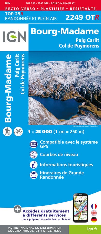Carte TOP 25 n° 2249 OTR (résistante) - Bourg Madame, Col de Puymorens & Pic Carlit (Pyrénées) | IGN carte de randonnée IGN