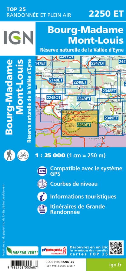 Carte TOP 25 n° 2250 ET - Bourg Madame, Mont-Louis & Col de la Perche | IGN carte de randonnée IGN