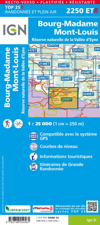 Carte TOP 25 n° 2250 ETR (résistante) - Bourg Madame, Mont Louis & Col de la Perche (Pyrénées) | IGN carte de randonnée IGN