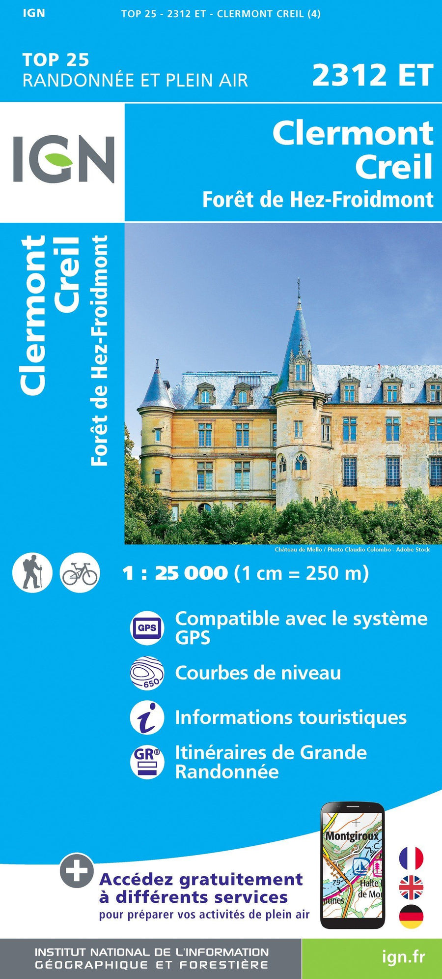 Carte TOP 25 n° 2312 ET - Clermont, Creil, Forêt de Hez-Froidmont | IGN carte pliée IGN 