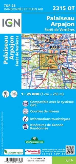 Carte TOP 25 n° 2315 OT - Palaiseau, Arpajon, Forêt de Verrières | IGN carte de randonnée IGN