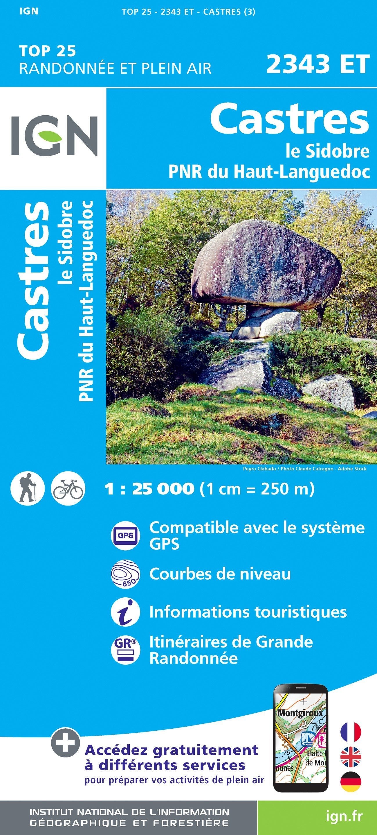 Carte TOP 25 n° 2343 ET - Castres, Le Sidobre, PNR du Haut-Languedoc | IGN carte de randonnée IGN