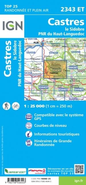 Carte TOP 25 n° 2343 ET - Castres, Le Sidobre, PNR du Haut-Languedoc | IGN carte de randonnée IGN