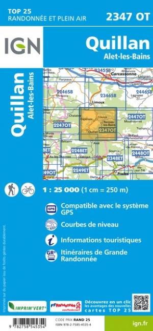 Carte TOP 25 n° 2347 OT - Quillan & Alet-les-bains (Pyrénées) | IGN carte de randonnée IGN