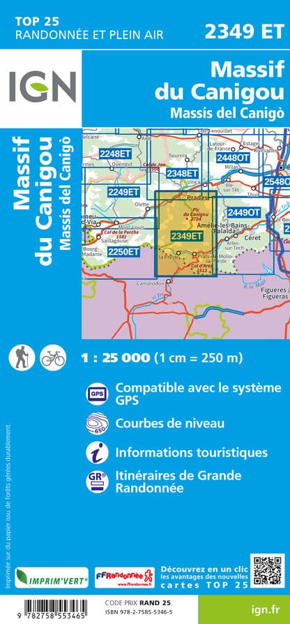 Carte TOP 25 n° 2349 ET - Massif du Canigou (Pyrénées) | IGN carte pliée IGN 