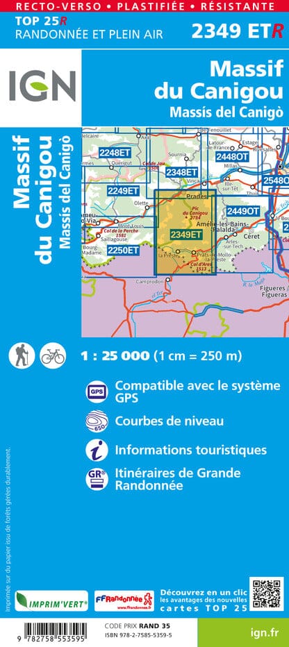 Carte TOP 25 n° 2349 ETR (résistante) - Massif du Canigou (Pyrénées) | IGN carte de randonnée IGN