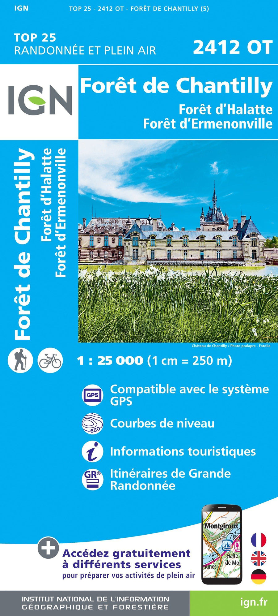 Carte TOP 25 n° 2412 OT - Forêts de Chantilly, d'Halatte et d'Ermenonville | IGN carte pliée IGN 