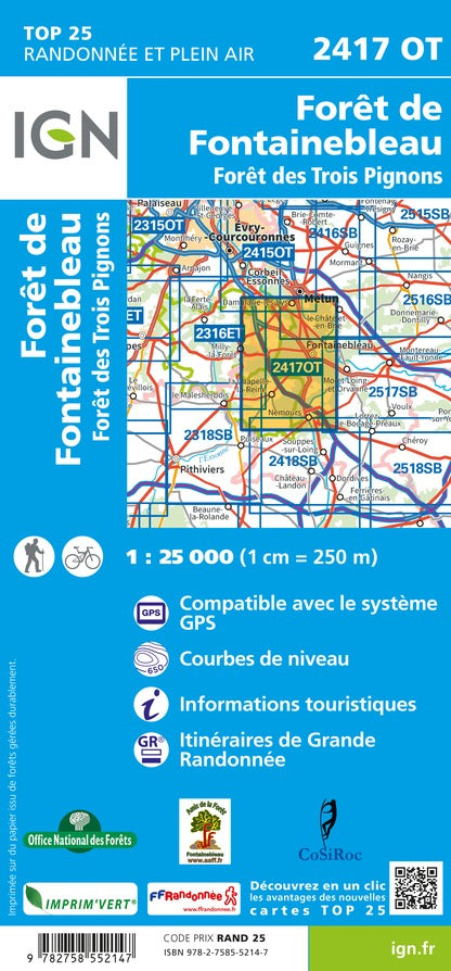 Carte TOP 25 n° 2417 OT - Forêt de Fontainebleau & Forêt des trois Pignons | IGN carte de randonnée IGN