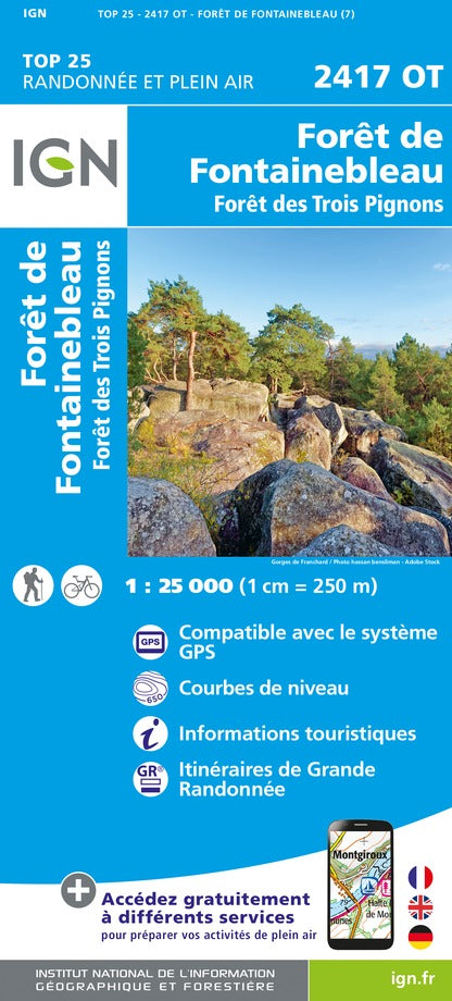 Carte TOP 25 n° 2417 OT - Forêt de Fontainebleau & Forêt des trois Pignons | IGN carte pliée IGN 
