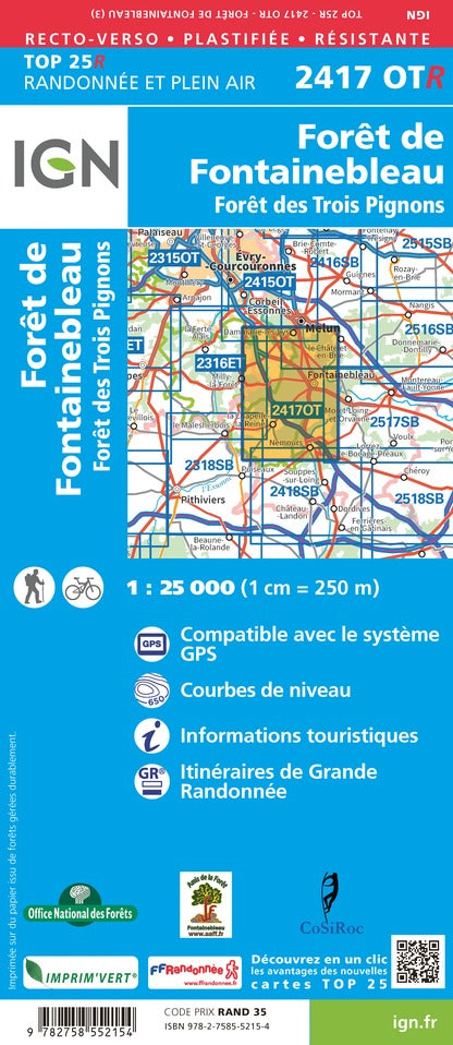Carte TOP 25 n° 2417 OTR (Résistante) - Forêt de Fontainebleau & Forêt des Trois Pignons | IGN carte de randonnée IGN