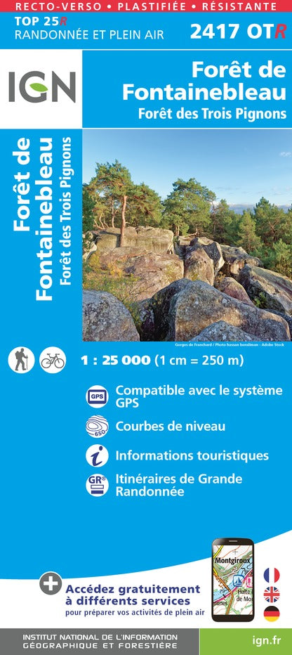 Carte TOP 25 n° 2417 OTR (Résistante) - Forêt de Fontainebleau & Forêt des Trois Pignons | IGN carte de randonnée IGN