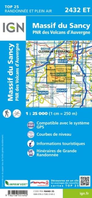 Carte TOP 25 n° 2432 ET - Massif du Sancy (Massif Central) | IGN carte de randonnée IGN
